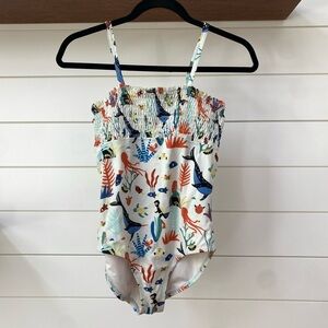 Athleta White and Blue One Piece Swimsuit with Adjustable Straps